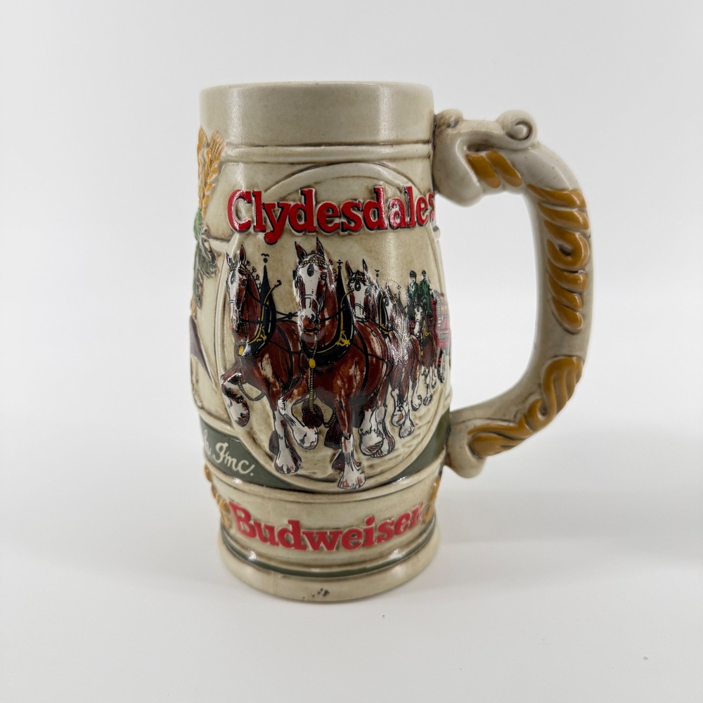 Budweiser Beer Stein Beige Clydesdales Ceramic 3D Relief Ceramarte